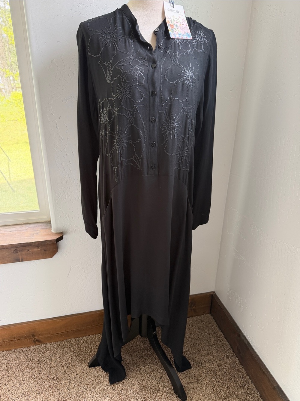 Johnny Was Rose Dress Black Sequin Embroidery NWT Small Luxury Boho with Pockets